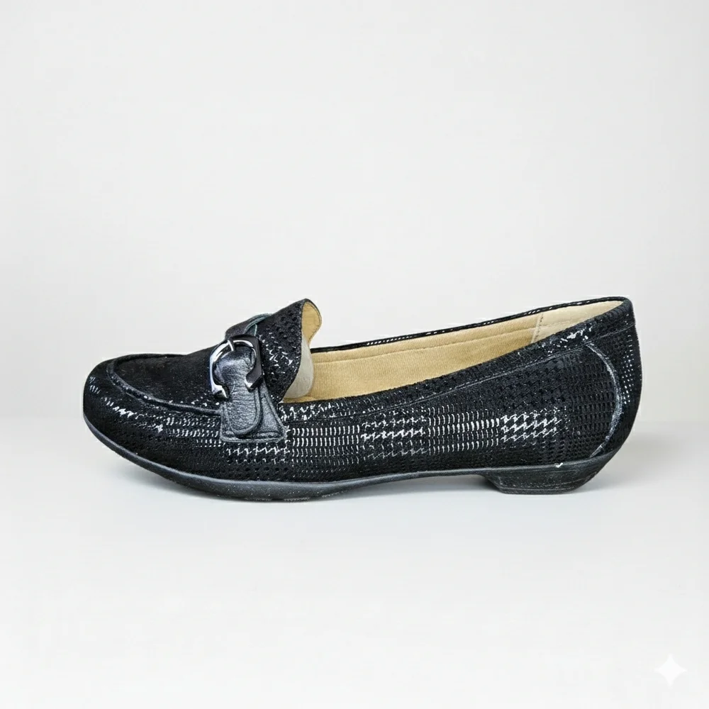 Softspots Size 10 Flats Loafers Black Metallic Houndstooth Leather Cushioned